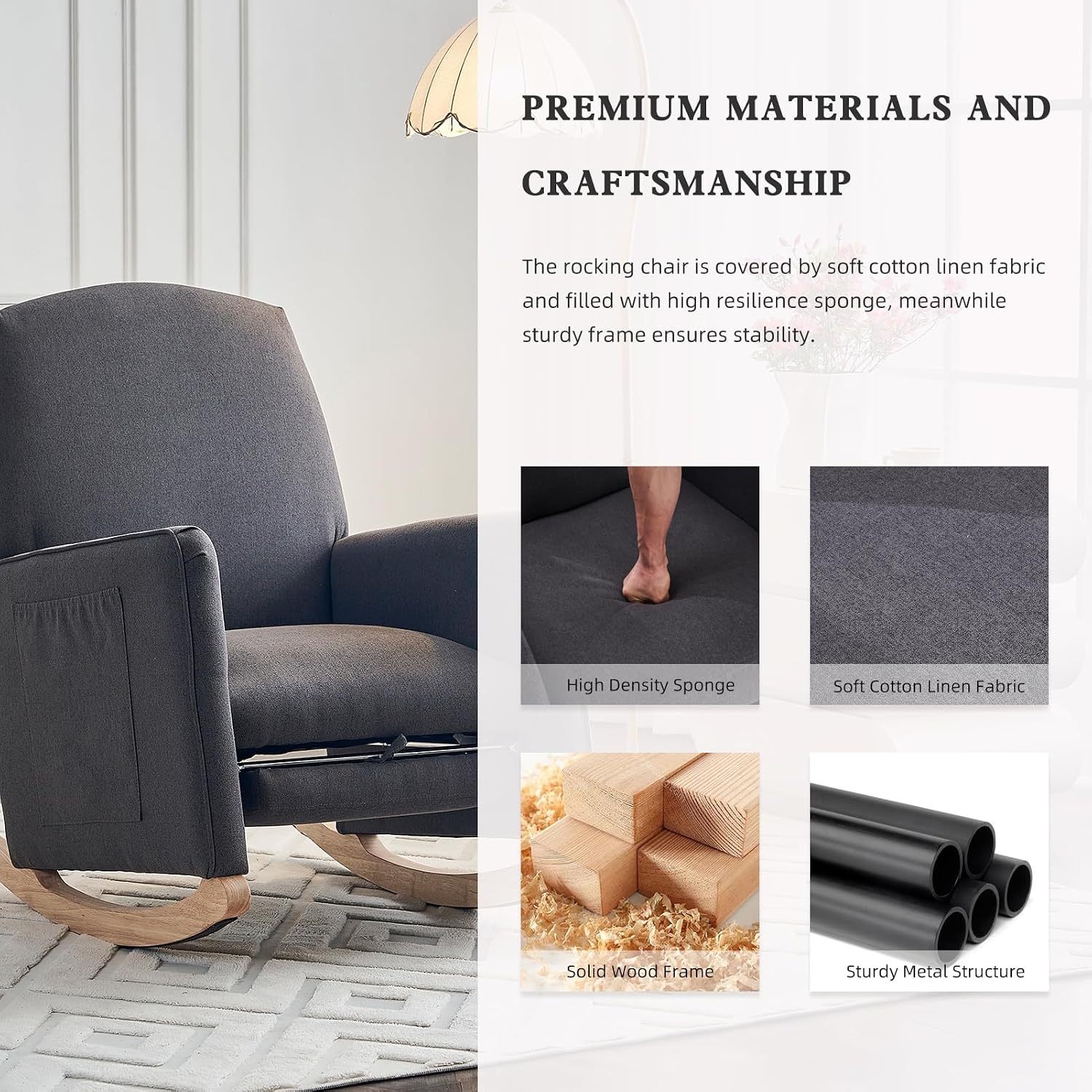 Rocking Chair Nursery with Foot Rest, Nursing Rocking Chair with High Backrest, Glider Rocker Chair for Living Room, Bedroom, Nursery(Cotton Linen Dark Gray)
