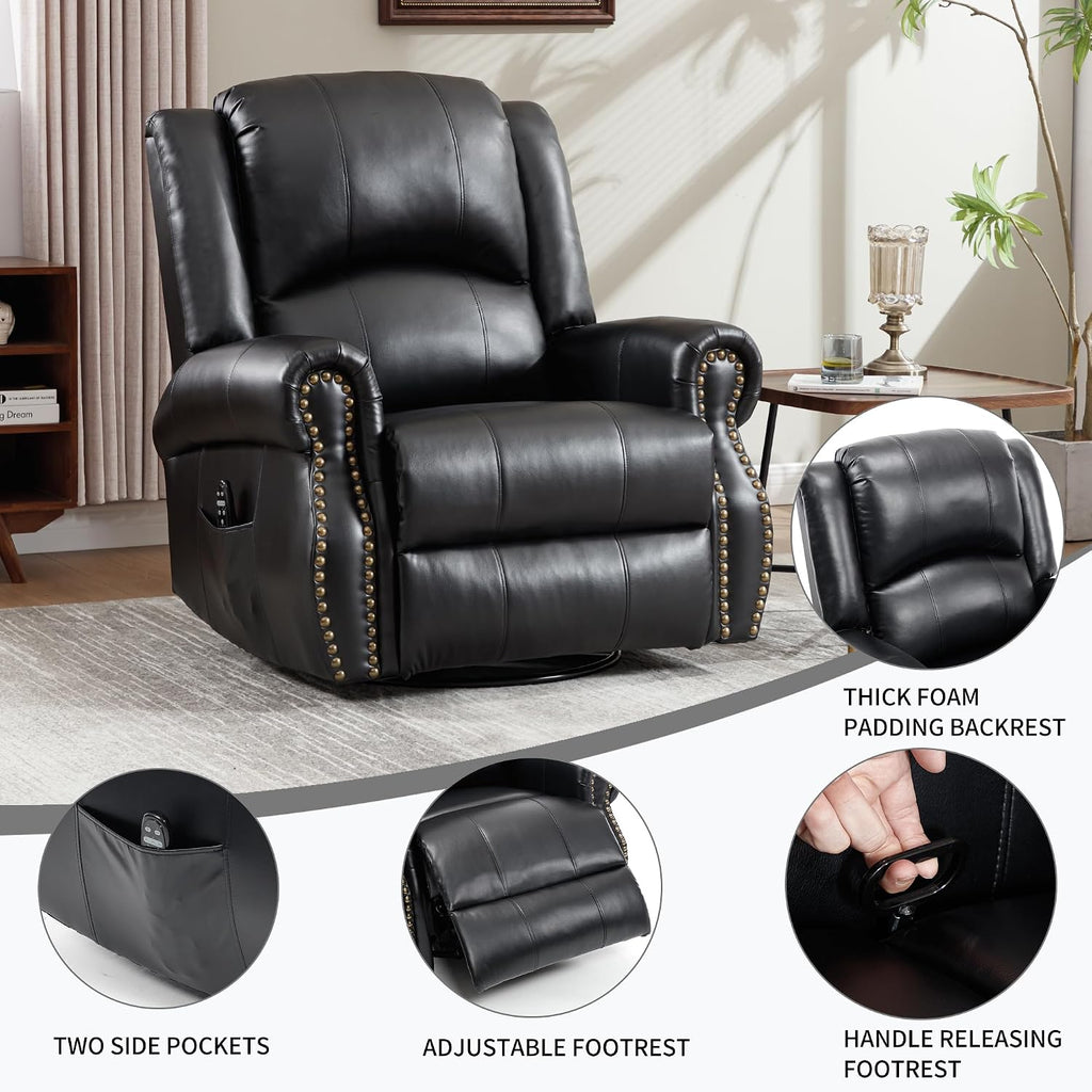 PELUMY Breathable Leather Swivel Rocking Recliner Chair for Adults, 360° Swivel Glider Rocker with Heat & Vibrating Massage, Lounge Chair for Living Room, Bedroom, Nursery (Black)