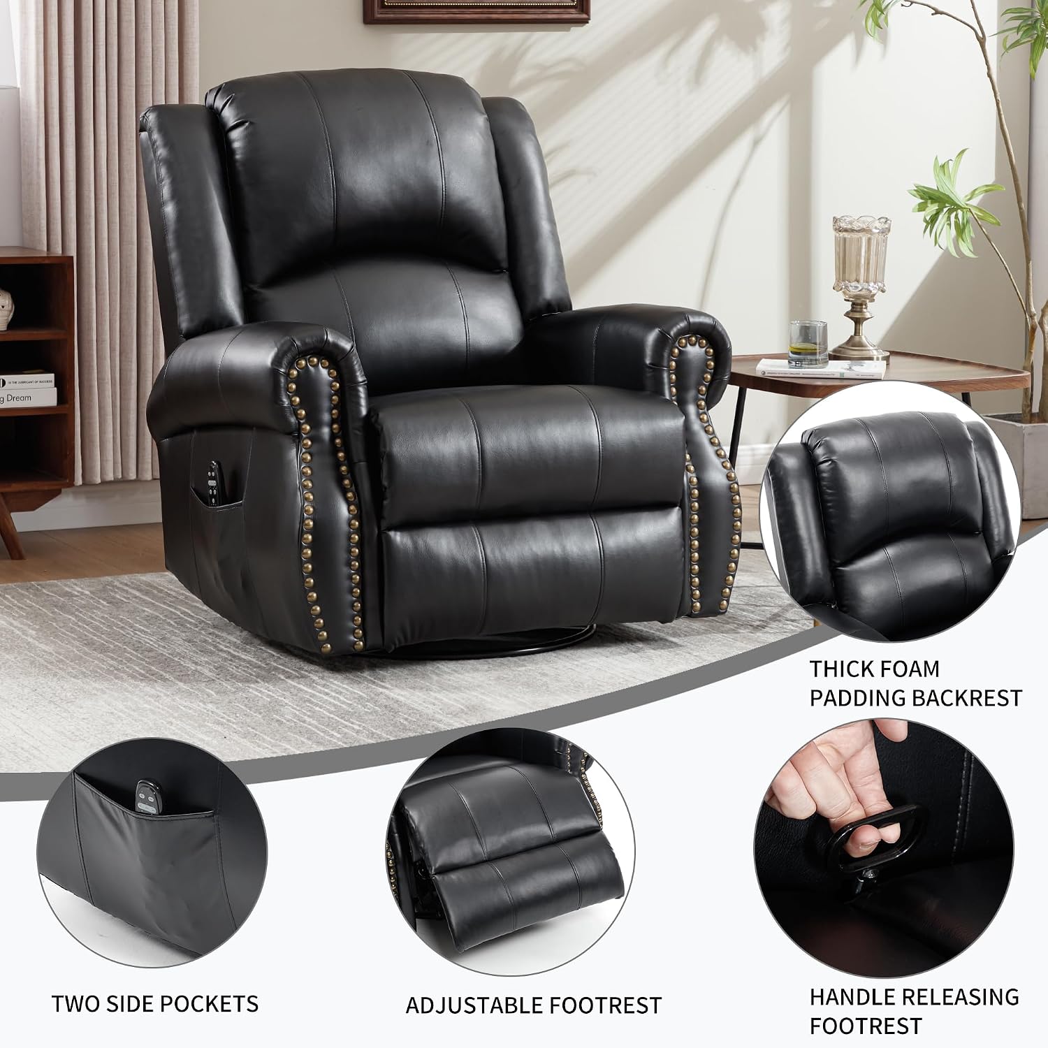 PELUMY Breathable Leather Swivel Rocking Recliner Chair for Adults, 360° Swivel Glider Rocker with Heat & Vibrating Massage, Lounge Chair for Living Room, Bedroom, Nursery (Black)