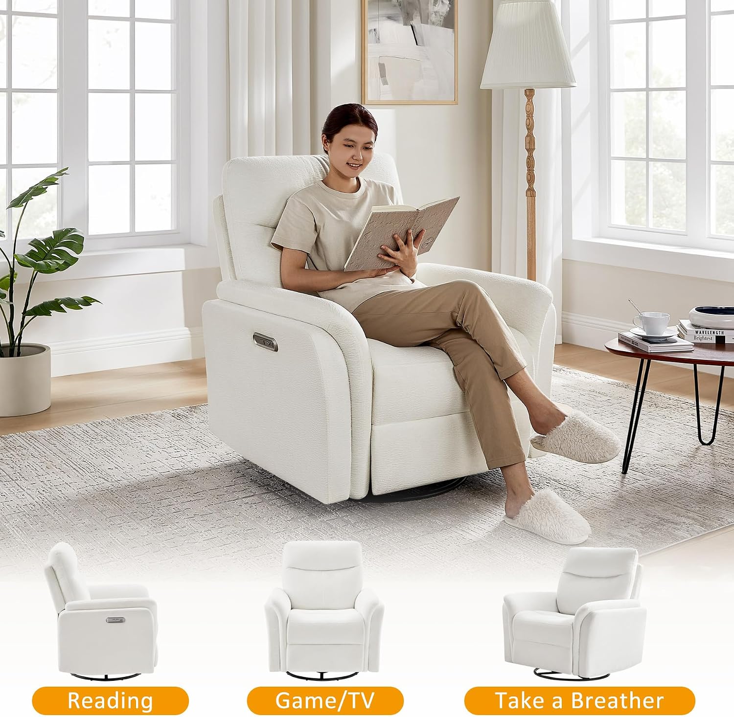 VANOMi Power Recliner Chair Swivel Glider, Electric Rocking Recliner Chairs with USB and Type-C Ports, Nursery Chair Recliner for Living Room, Bedroom, Apartment（White）