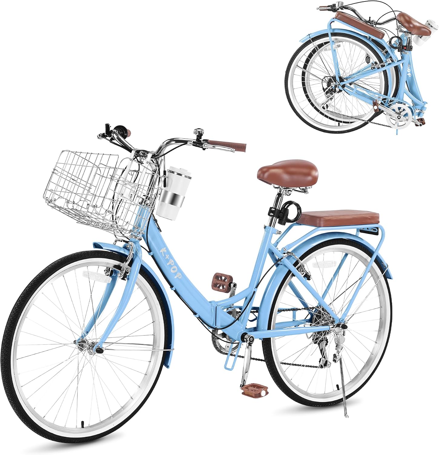 24/26 Inch Beach Cruiser Bike for Women Folding Bikes, 7-Speed Womens Bike with Basket and Coffee Cup, Womens Foldable Bicycle Commuter Bikes for Adults, Adjustable Seat & Dual V-Type Brakes