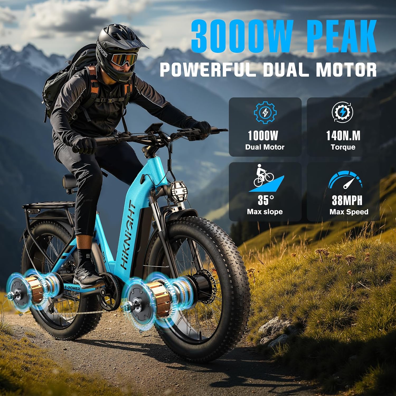Electric Bike for Adults, 3000W Peak Dual Motor 52V 20AH Battery E Bike 26' x 4.0' Fat Tire Electric Mountain Bike Step-Thru Electric Bicycle for Women Men, Up to 38MPH
