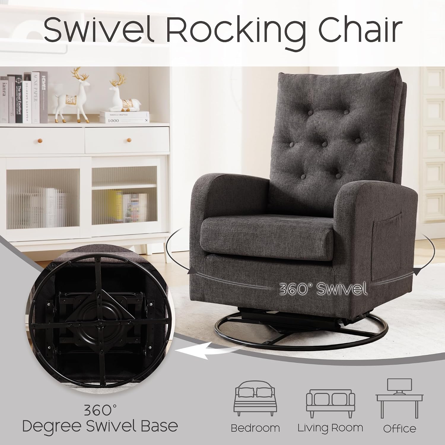 360° Swivel Rocking Chair Nursery - White Glider Modern Accent Chairs Teddy Rocker Padded Armchair for Indoor Living Room Bedroom Maternity Breastfeeding Chair for Adults（Dark Grey）