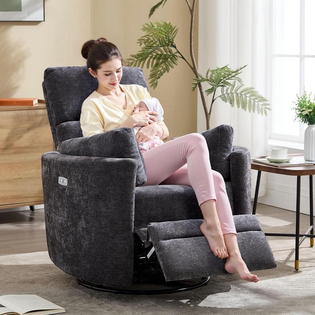 Power Recliner,Nursery Swivel Rocking Glider Chair with USB Port,Electric Upholstered Adult Recliner Rocking Chair with 2 Pillows for Living Room Bedroom (Drak Grey, Power-Driven)