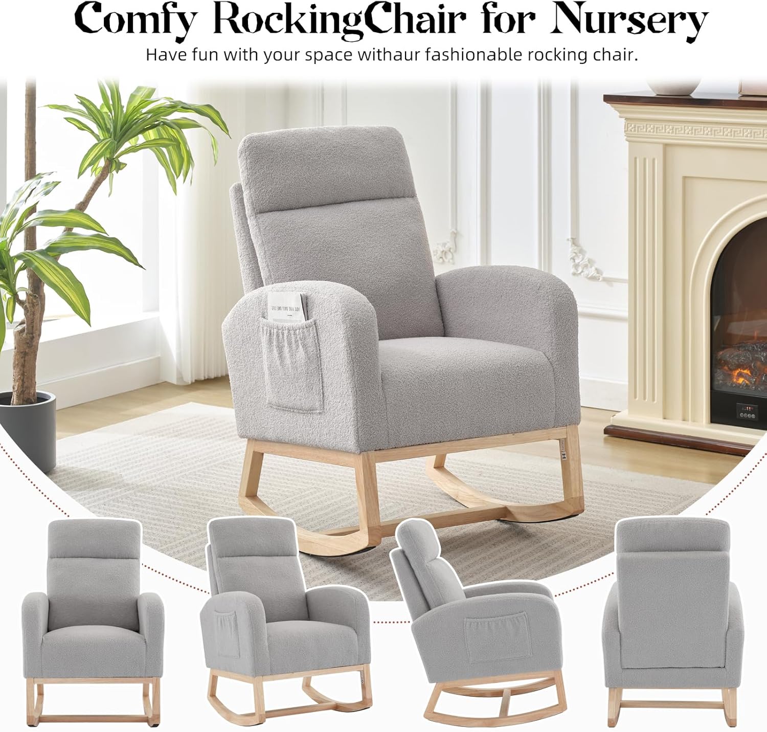 IDEALHOUSE Nursery Rocking Chair, Upholstered Glider Rocker with High Back & Side Pocket, Comfy Nursing Chair for Breastfeeding, Padded Nursery Armchair for Baby Room, Bedroom & Living Room,
