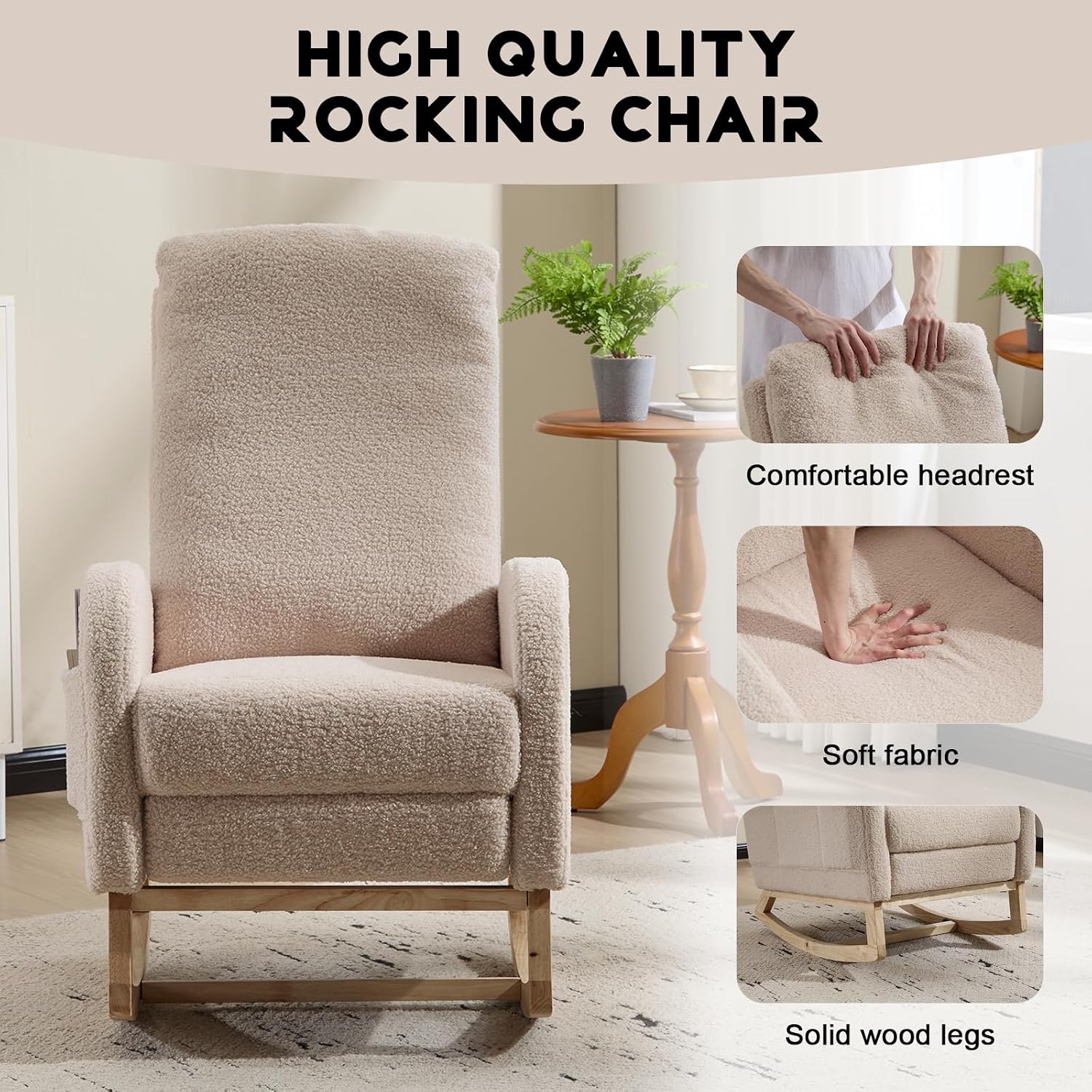 Rocking Chair Nursery with Foot Rest, Sherpa Nursing Rocking for Mom Nursery Rocker Chair with High Straight Backrest, Armchair Rocker Glider with Side Pocket for Living Room, Bedroom, Teddy Begie