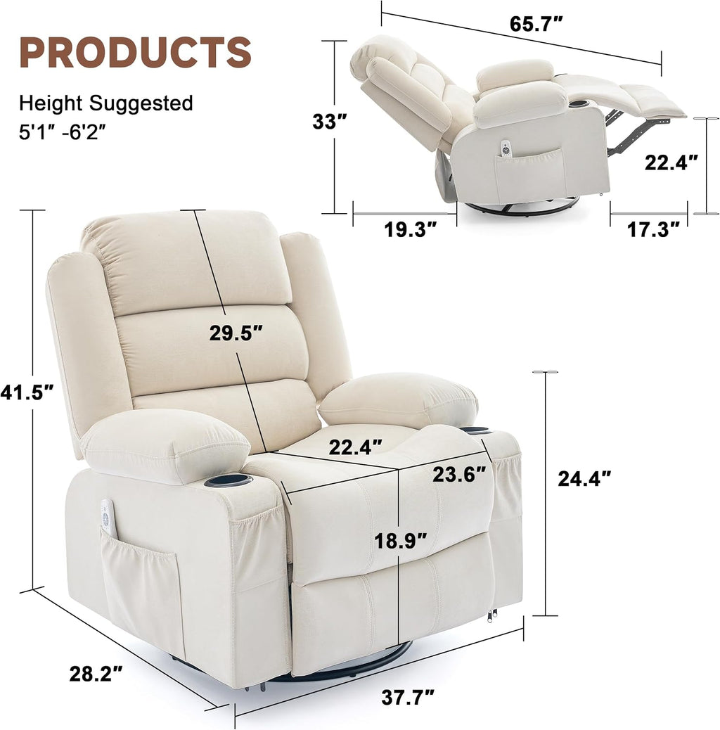 Rocker Recliner Chair with Heat and Massage, 360° Swivel Nursery Rocking Chairs for Adults, Oversized Recliner Single Sofa Seat with Cup Holders, Lazy Boy Recliner Single Sofa (Manual, Beige)
