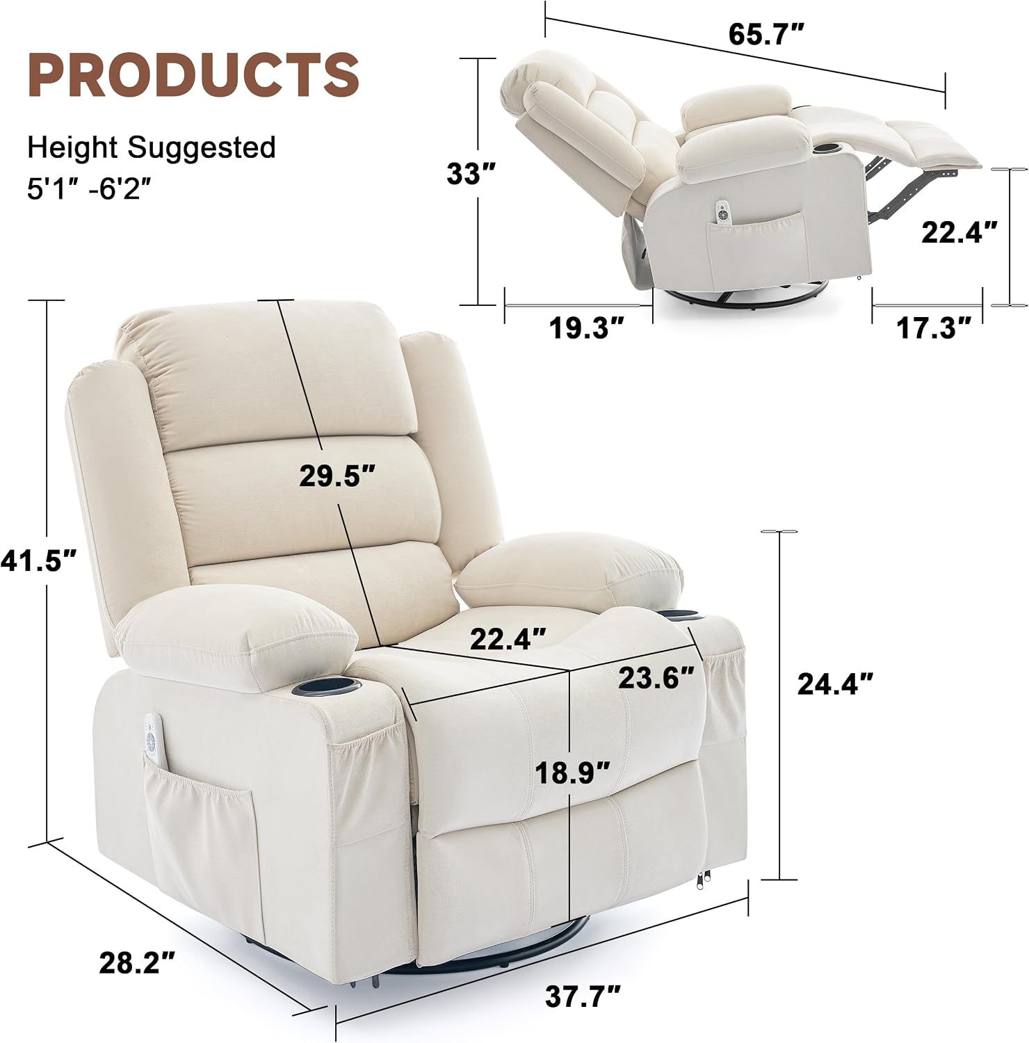 Rocker Recliner Chair with Heat and Massage, 360° Swivel Nursery Rocking Chairs for Adults, Oversized Recliner Single Sofa Seat with Cup Holders, Lazy Boy Recliner Single Sofa (Manual, Beige)
