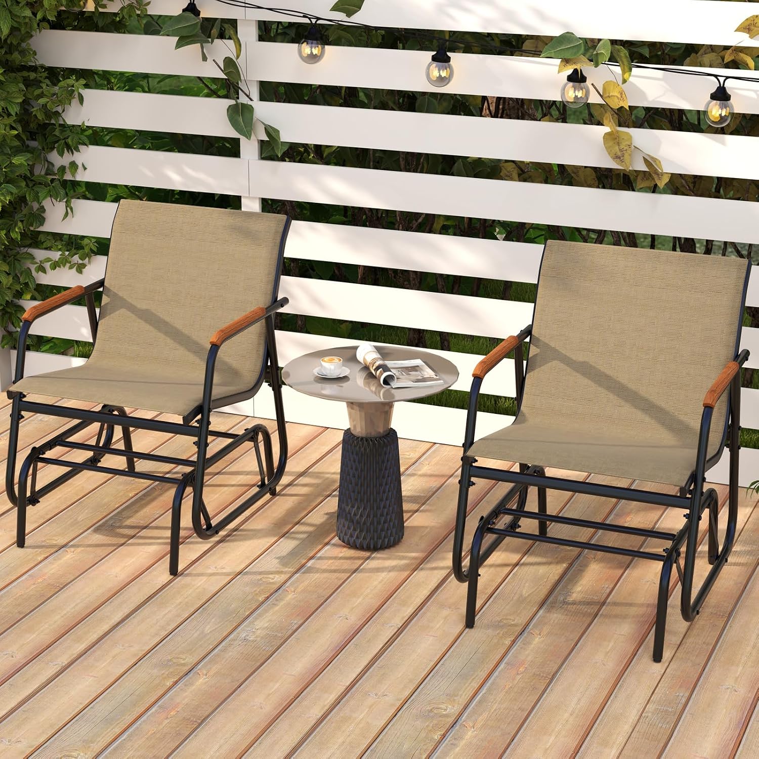 Tangkula Patio Glider Chair, Swing Gliding Armchair w/Curved Teak Armrests & Breathable Fabric Seat, Outdoor Metal Frame Rocking Chair Set for Porch, Backyard, Poolside (2 Pack)
