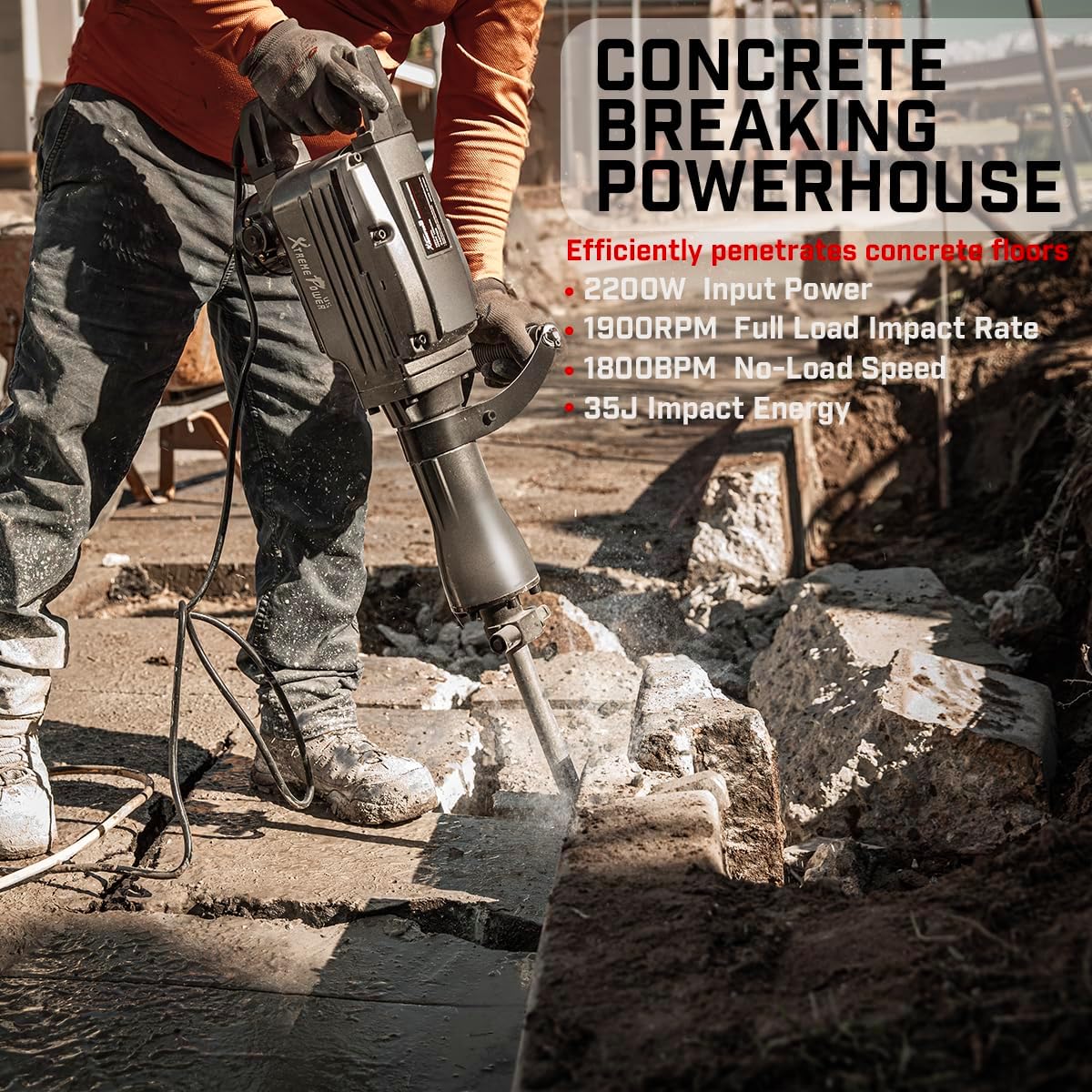 XtremepowerUS 2200W Demolition Electric Jack Hammer Floor Breaker Wood Metal Concrete Breaker High Impact include 2 Chisel Bits (Flat Chisel & Point Chisel) with Case