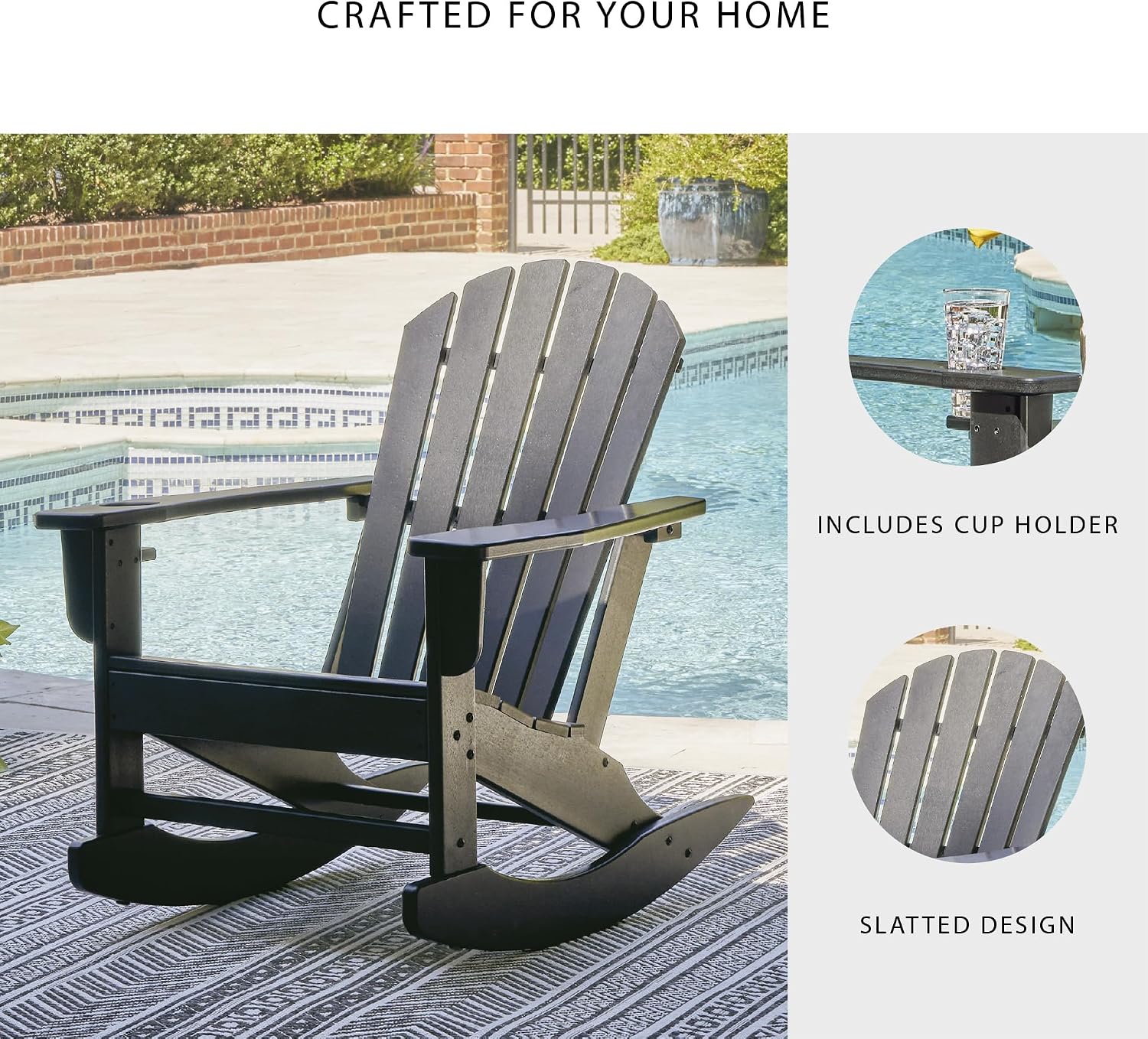 Signature Design by Ashley Sundown Treasure Cottage Weather Resistant Indoor/Outdoor Rocking Chair with 1 Cup Holder, Black