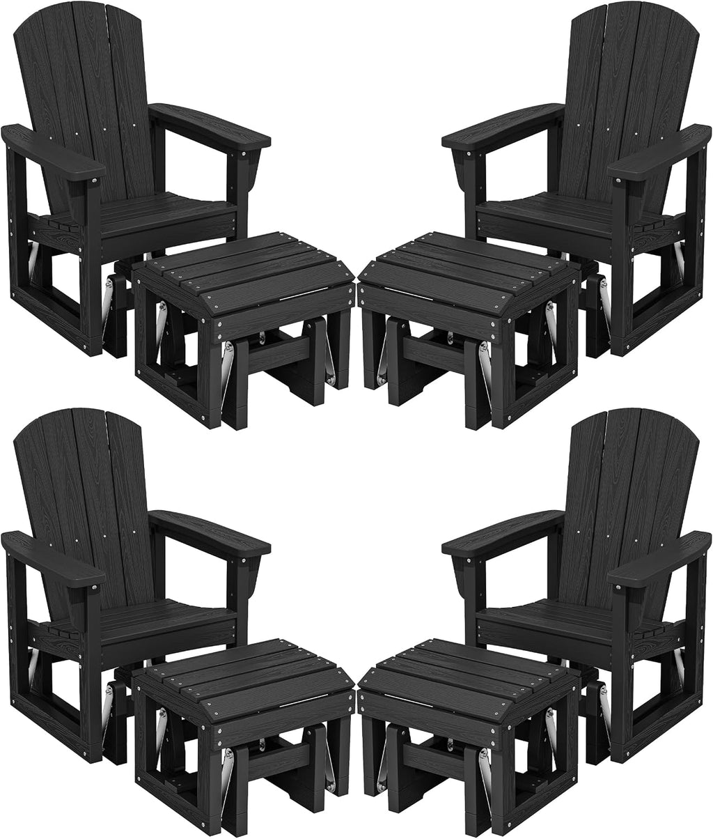 SERWALL Outdoor Glider Chair Set of 4 with Ottoman, HDPE Wood-Like Patio Glider Set All-Weather Porch Glider for Outside, Black