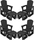 SERWALL Outdoor Glider Chair Set of 4 with Ottoman, HDPE Wood-Like Patio Glider Set All-Weather Porch Glider for Outside, Black