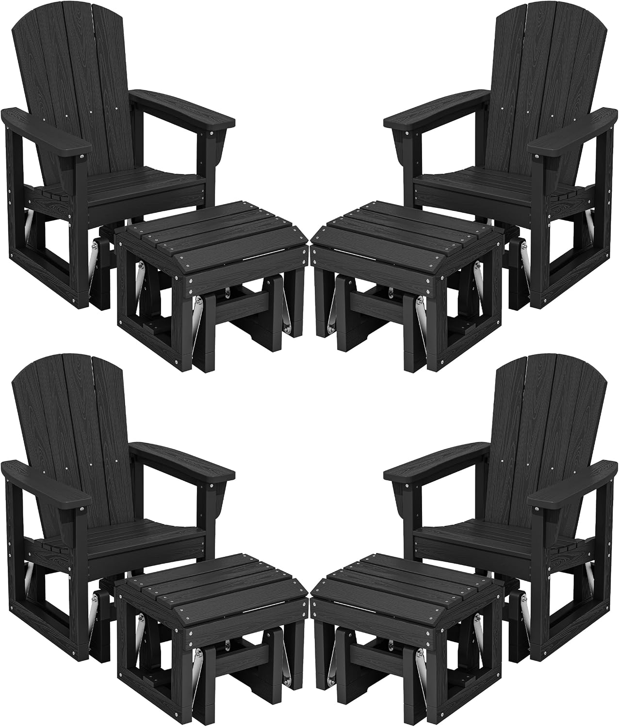 SERWALL Outdoor Glider Chair Set of 4 with Ottoman, HDPE Wood-Like Patio Glider Set All-Weather Porch Glider for Outside, Black