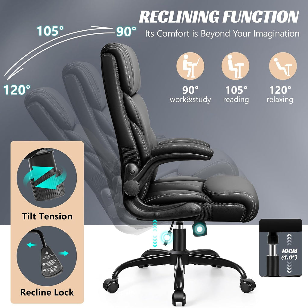 HeroSet Office Chair, Ergonomic Big and Tall Computer Desk Chairs, Executive Breathable Leather Chair with Adjustable Flip-up Armrests, Lumbar Support Swivel PC Chair with Rocking Function