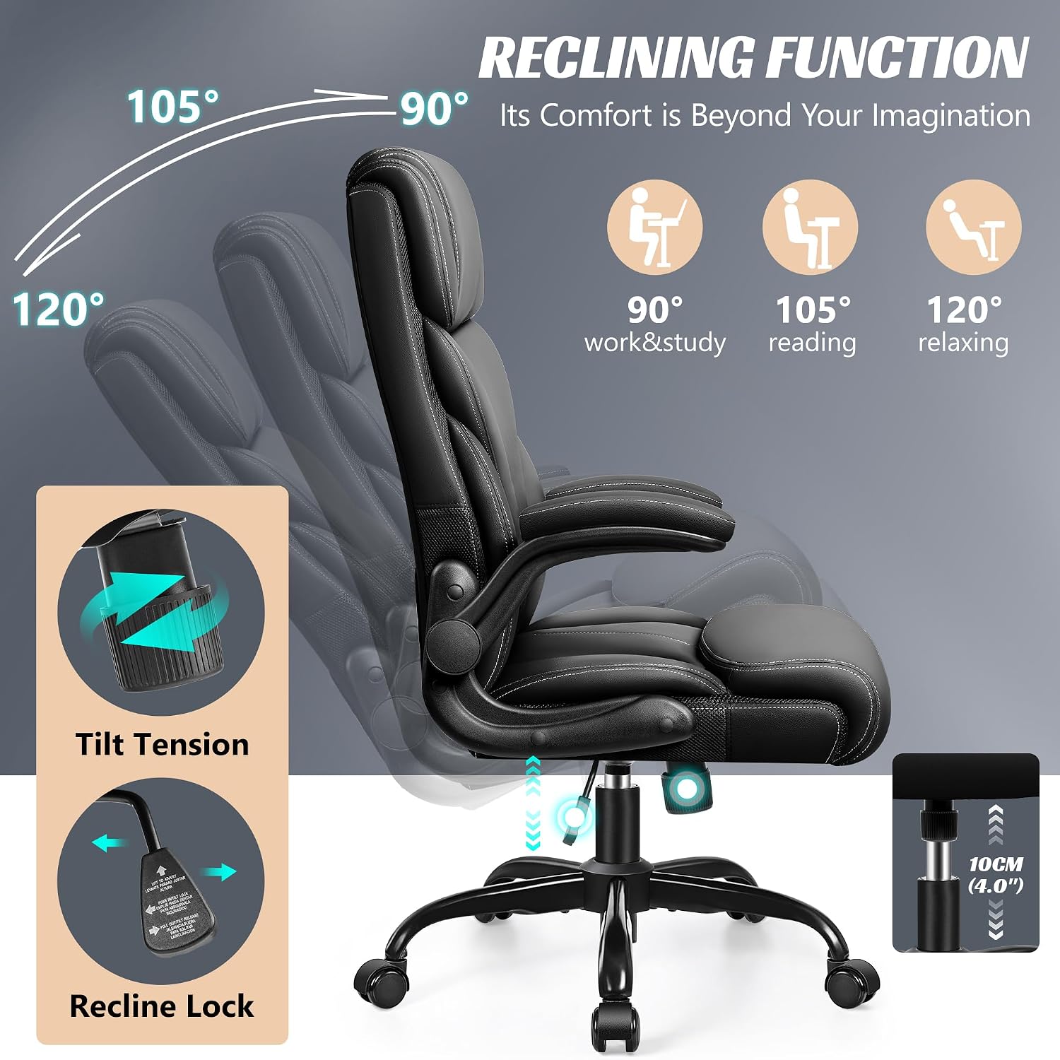 HeroSet Office Chair, Ergonomic Big and Tall Computer Desk Chairs, Executive Breathable Leather Chair with Adjustable Flip-up Armrests, Lumbar Support Swivel PC Chair with Rocking Function