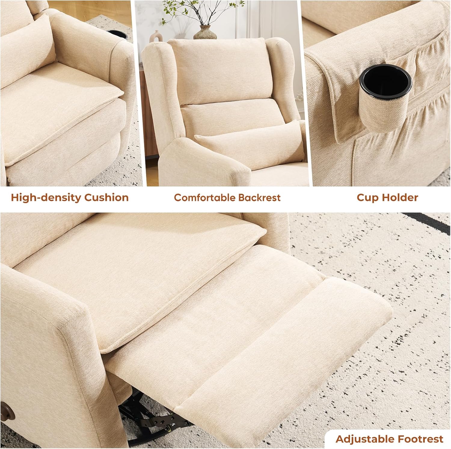 Rocking Chair Nursery with Adjustable Headrest,Comfy Swivel Rocker Recliner with Lumbar Support, Manual Nursery Chair Rocker Recliner with Cup Holder and Side Pockets, Beige