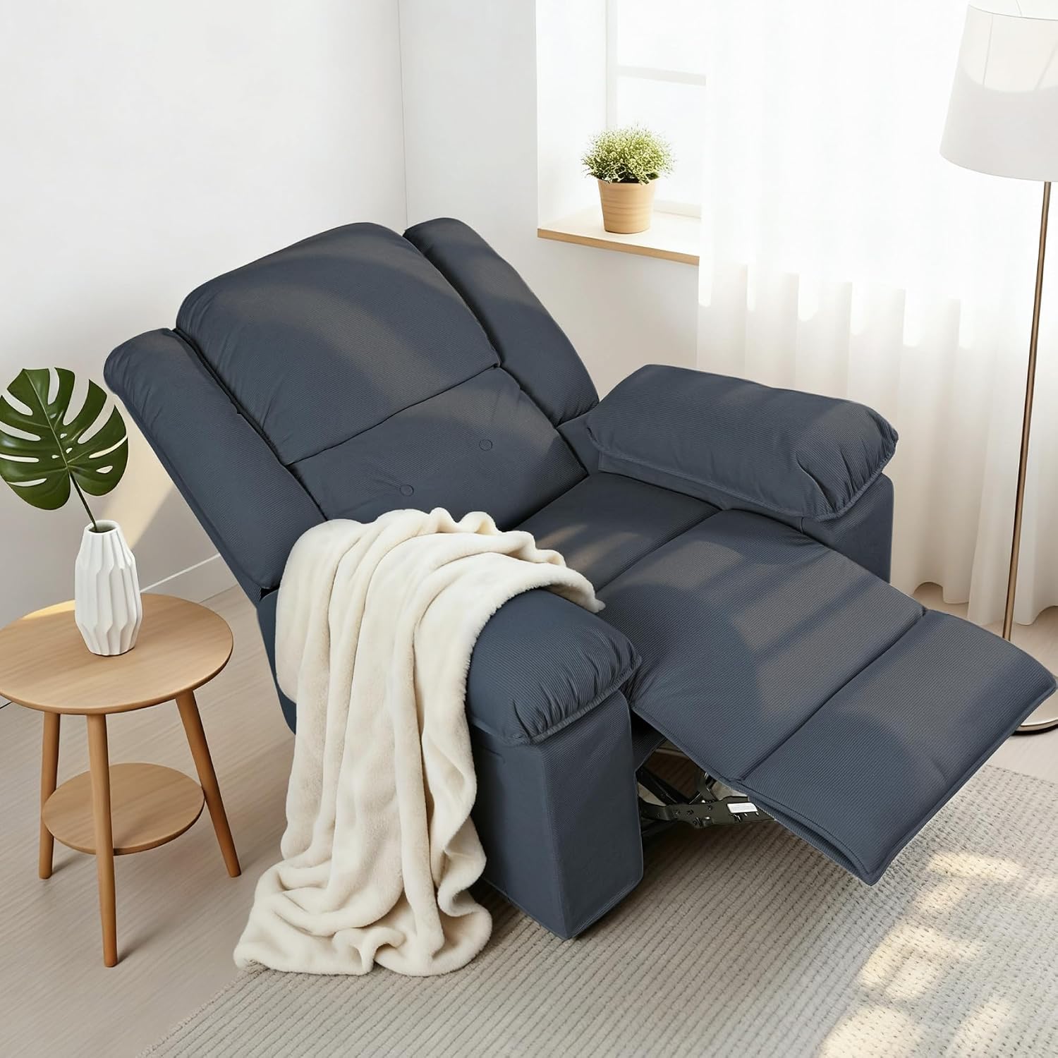 Softa Swivel Rocker Recliner Chair for Adults with Massage & Heat, 360° Swivel Manual Glider Recliner with Side Pocket, Compact Living Room Apartment Reclining Chair (Blue-Grey)