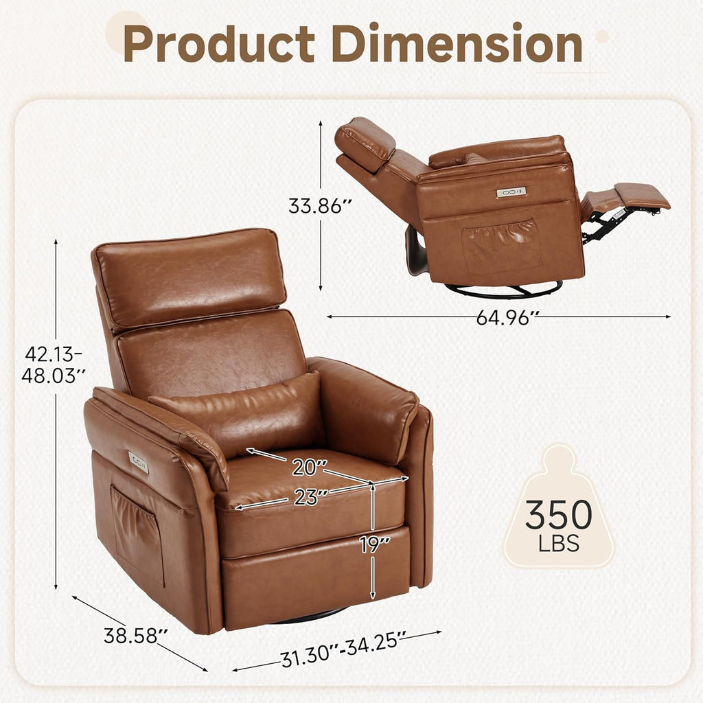 Power Recliner Rocking Chair Nursery Gliders with Adjustable Armrests and Headrest, Swivel Electric Glider Reclining Nursing Chair with USB Port and Storage Bags, FSC Certified (Leather, Brown)