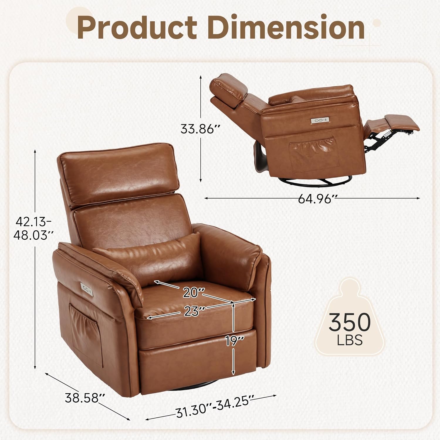Power Recliner Rocking Chair Nursery Gliders with Adjustable Armrests and Headrest, Swivel Electric Glider Reclining Nursing Chair with USB Port and Storage Bags, FSC Certified (Leather, Brown)