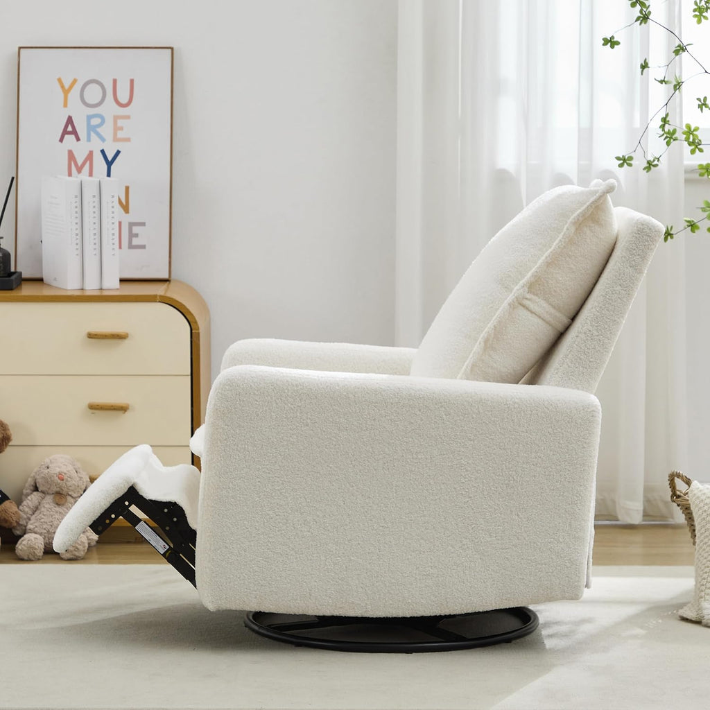 JIVOIT Modern Swivel Rocker Recliner Chair, Linen Fabric Glider Rocker Recliner, Rocking Chair Nursery with Backrest and Footrest, Single Reclining Sofa for Living Room Bedroom Apartment (White/68)