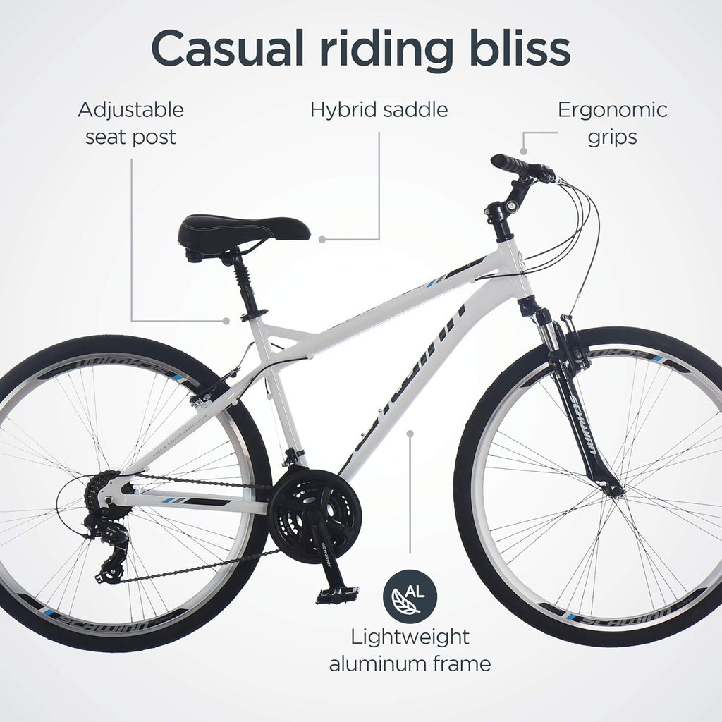 Schwinn Network 3.5 Hybrid Bike, Mens and Womens Bike, 21-Speed Hybrid Bicycle, Aluminum Frame, Suspension Seat, Alloy Linear Pull Brakes, Adult Bicycle