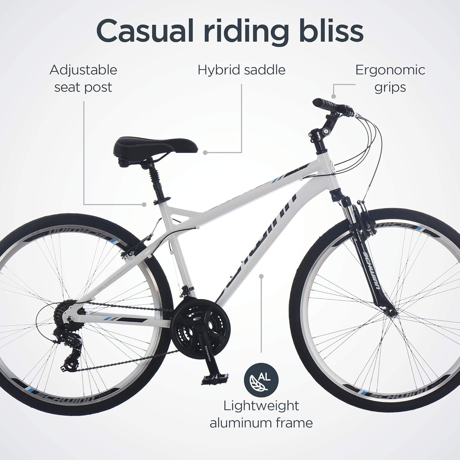 Schwinn Network 3.5 Hybrid Bike, Mens and Womens Bike, 21-Speed Hybrid Bicycle, Aluminum Frame, Suspension Seat, Alloy Linear Pull Brakes, Adult Bicycle