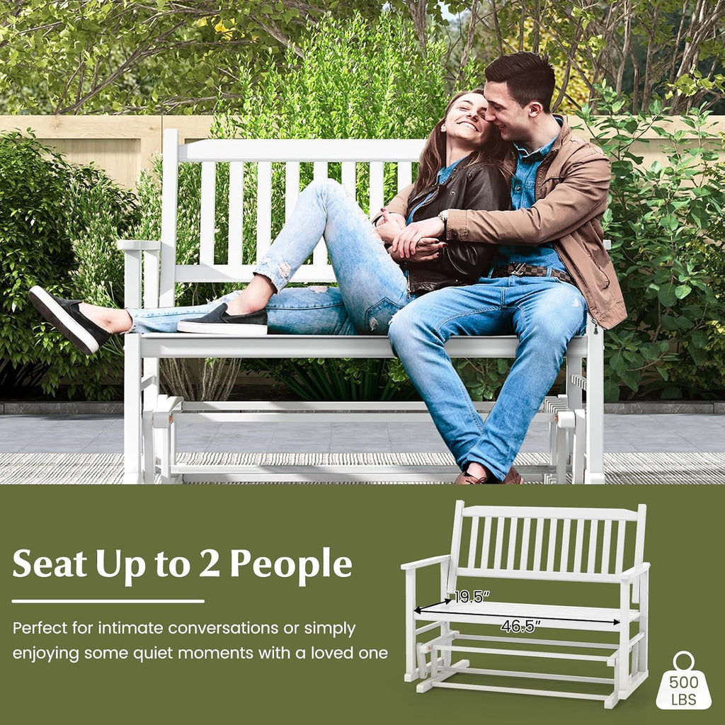 Tangkula 2 Person Outdoor Glider Bench, Poplar Wood Patio Swing Glider Loveseat with Armrests, Slatted Seat & Backrest, Porch Rocking Glider Bench for Backyard, Garden, Deck (White)