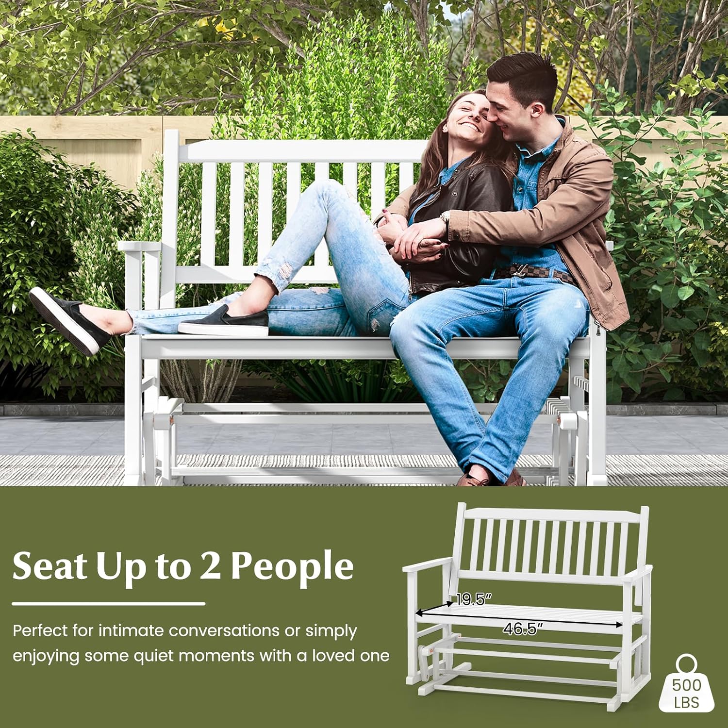 Tangkula 2 Person Outdoor Glider Bench, Poplar Wood Patio Swing Glider Loveseat with Armrests, Slatted Seat & Backrest, Porch Rocking Glider Bench for Backyard, Garden, Deck (White)