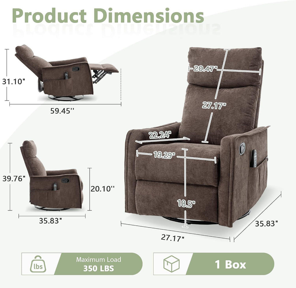 cinkehome Swivel Rocker Recliner, Glider Rocker Recliner Chair for Nursery, Manual Reclining Chair with Heated Massage, Small Spaces, Living Room, Linen Brown