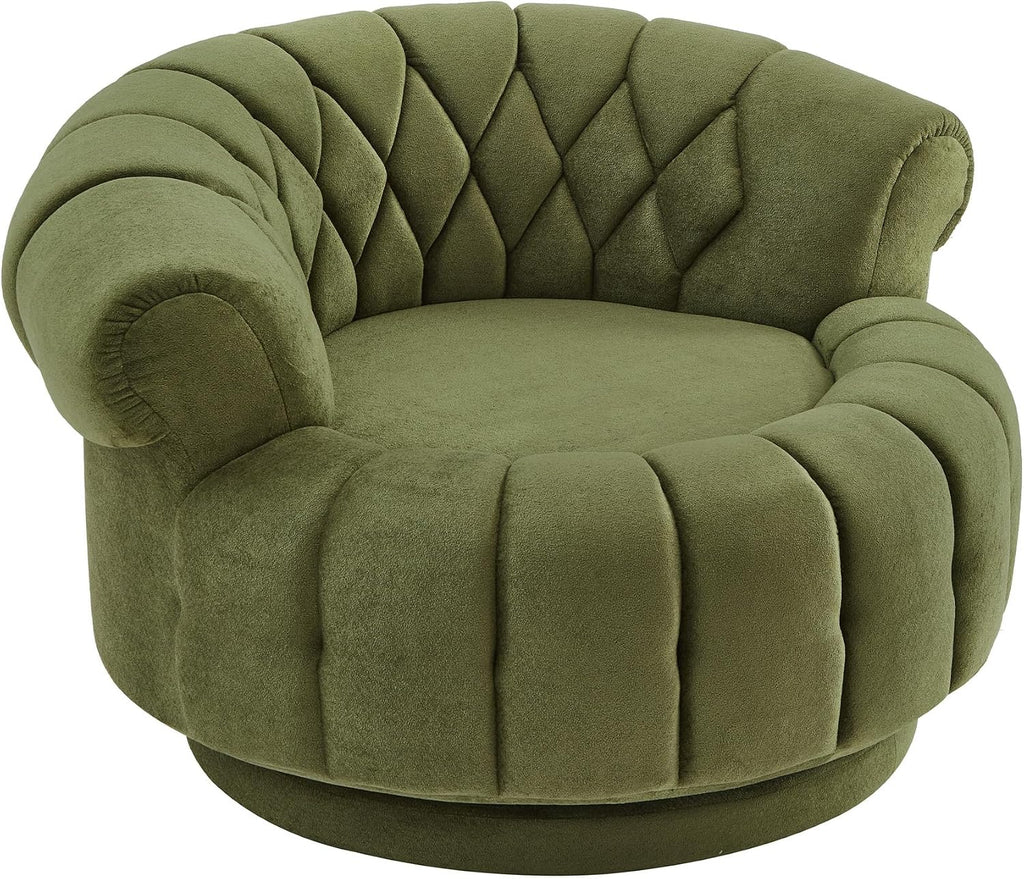 360° Swivel Accent Chair, Chenille Fabric Barrel Swivel Chair Round Club Chair with Curved Armrests & Thick Cushioning, Stylish Channel-Tufted & Diamond-Quilted Backrest for Living Room (Green,02)
