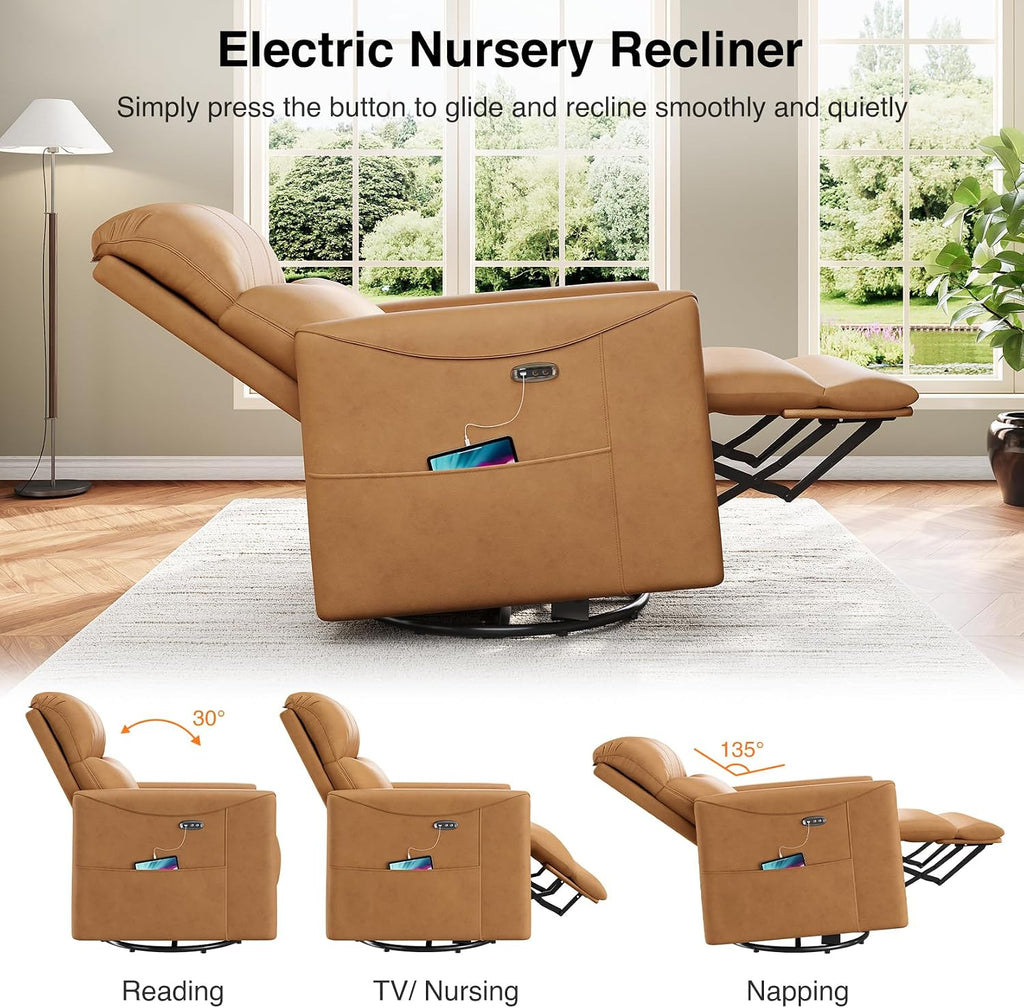 Welzona Power Swivel Rocker Recliner, 360° Swivel Nursery Rocking Chair, PU Leather Glider Rocking Recliner, Infinite Position Electric Chair for Adults with USB Port for Living Room, Amber Yellow