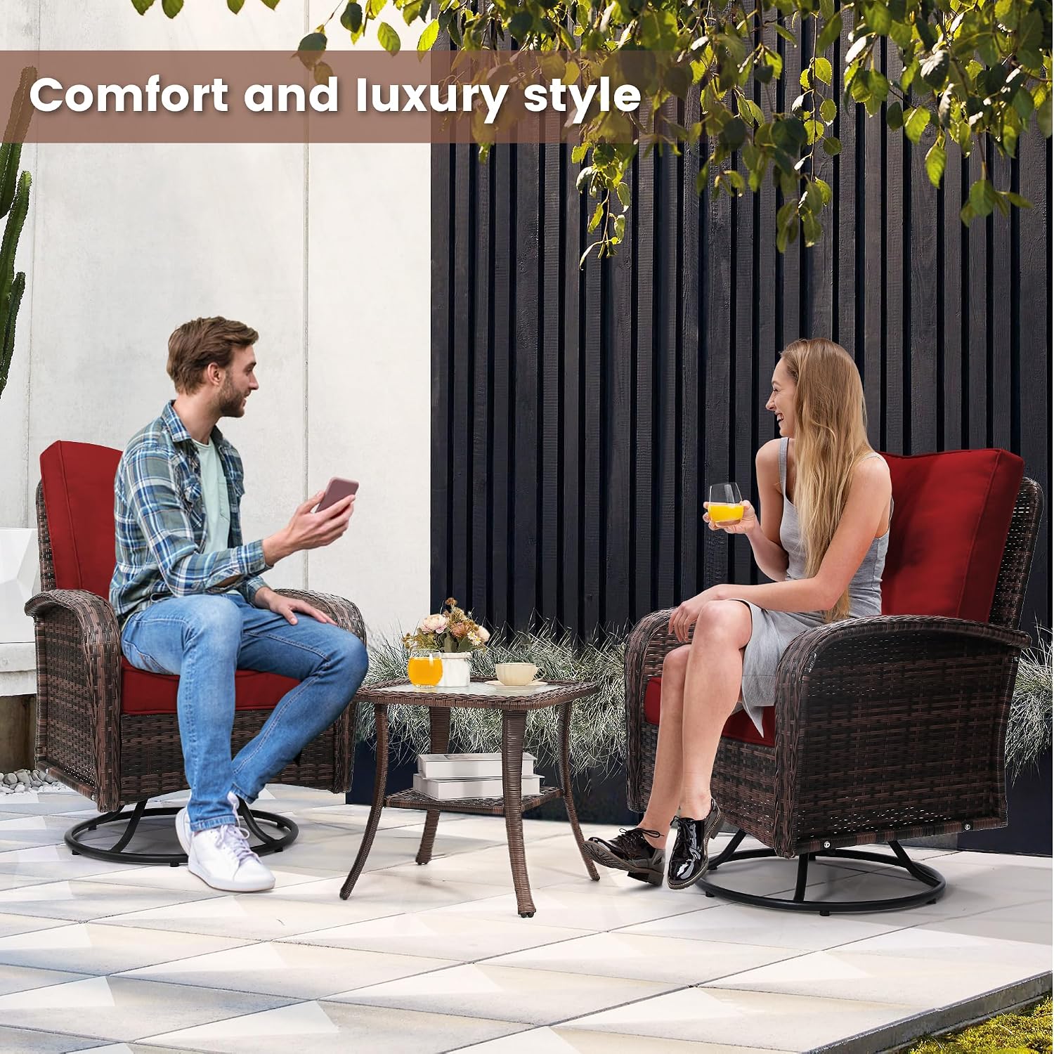 wildformers Luxury Outdoor Swivel Wicker Glider Patio Chairs with Table Set, Overstuffed Washable Cushions, Ideal for Porch, Balcony, Deck, Brown Rattan and Red Cushion