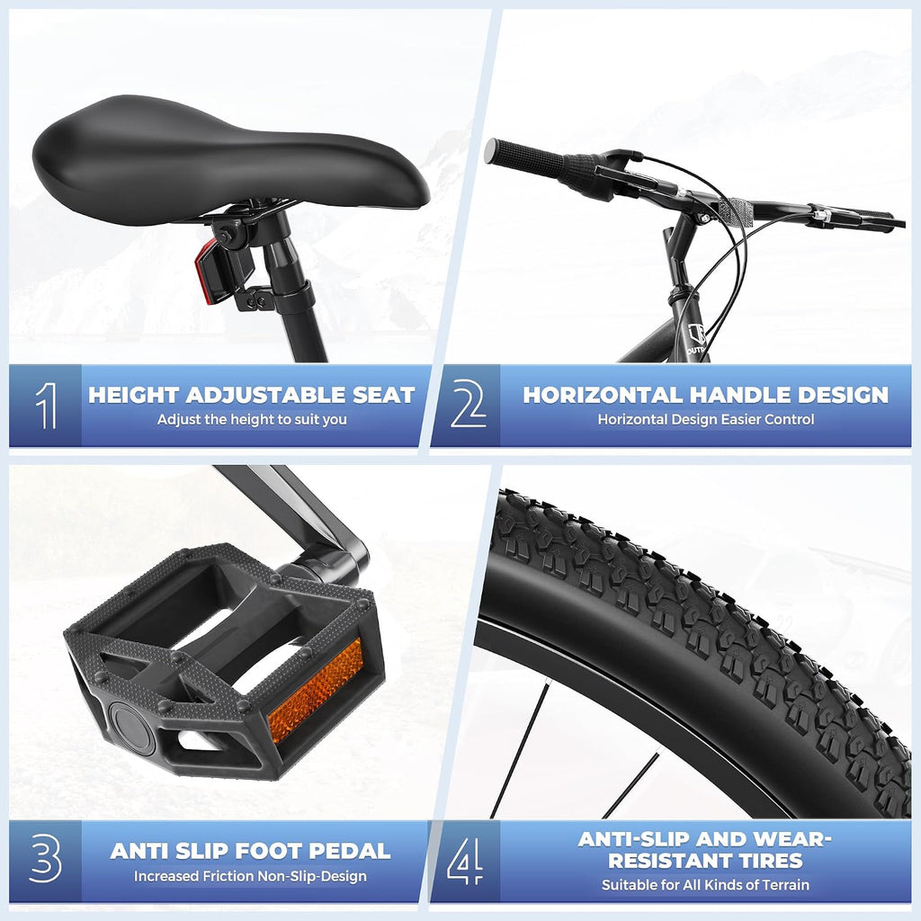 Outroad 26 Inch Mountain Bike, 7/21-Speed/High-Carbon Steel/Aviation Grade Frame, Dual Disc/V Brake, Adjustable Ergonomic Seat Bicycle for Men Women Adult, Quick Assembly in 20 Minutes