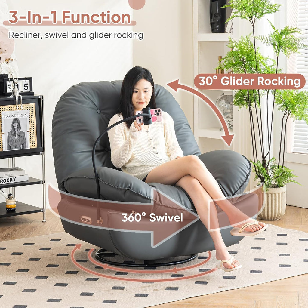 Oversized Electric Recliner Chair, 270 Swivel Rocking Glider Rocker for Adults Modern Ergonomic Lounge Chair Living Room with Phone Stand & Smart Voice Control Theater Seating, Grey Fuax Leather