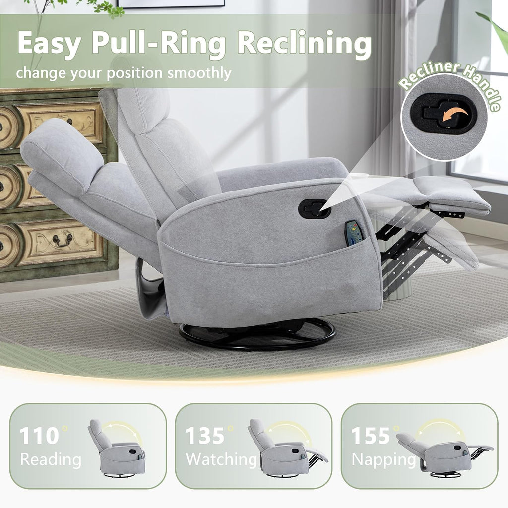 cinkehome Heated Massage Swivel Rocker Recliner Chair for Nursery - Small Space Reclining Chair with Lumbar Support, 360° Swivel & Gentle Rocking, Ergonomic High Back Short Plush Light Grey