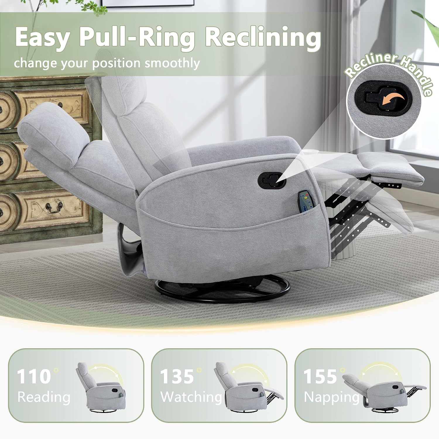 cinkehome Heated Massage Swivel Rocker Recliner Chair for Nursery - Small Space Reclining Chair with Lumbar Support, 360° Swivel & Gentle Rocking, Ergonomic High Back Short Plush Light Grey