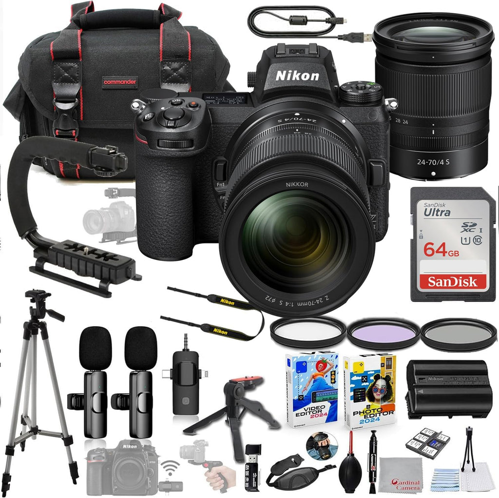 Nikon Z6 II Mirrorless Camera with 24-70mm f/4 Lens Bundle + Wireless Microphone System + Accessory Package Including 64GB Memory, U-Grip, Case, Tripod, Software and More (38 Items)