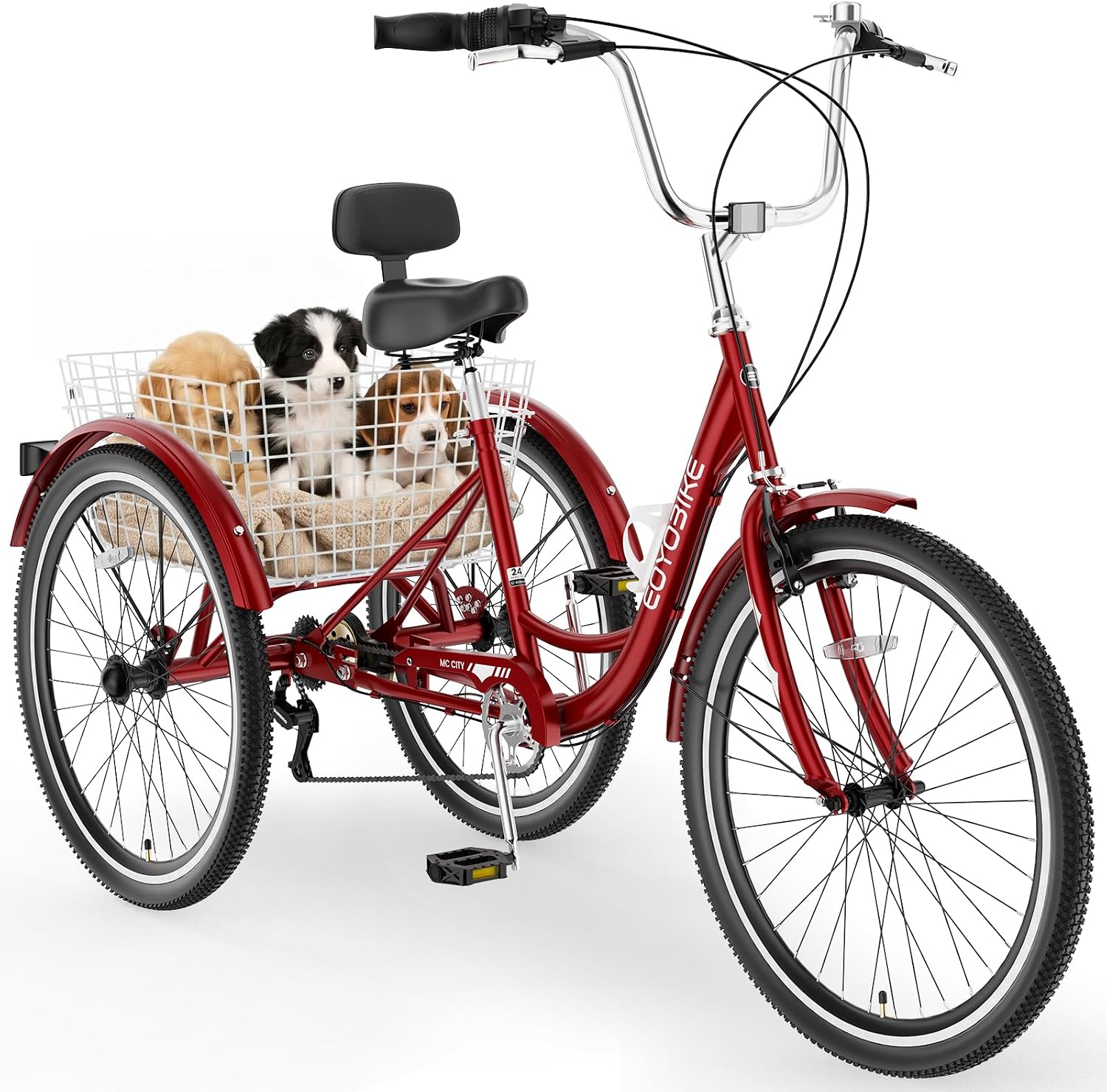 MOPHOTO Adult Tricycle 7 Speed, 20/24/26 Inch Low Step-Through Adult Trike with Large Rear Basket, 350 lbs Capacity 3 Wheel Bike for Seniors, Women and Men