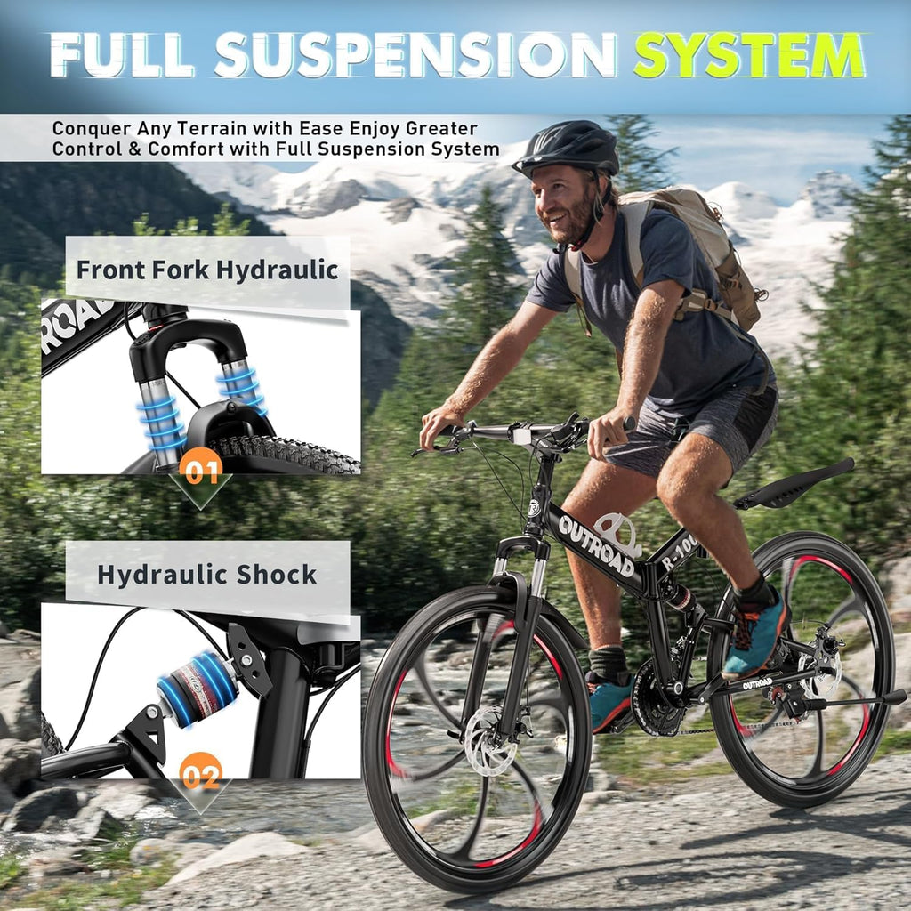 Outroad 26 Inch Mountain Bike, 21-Speed/High-Carbon Steel/Aviation Grade Frame, Dual Disc Brake, Adjustable Ergonomic Seat Bicycle for Men Women Adult, Quick Assembly in 20 Minutes Black