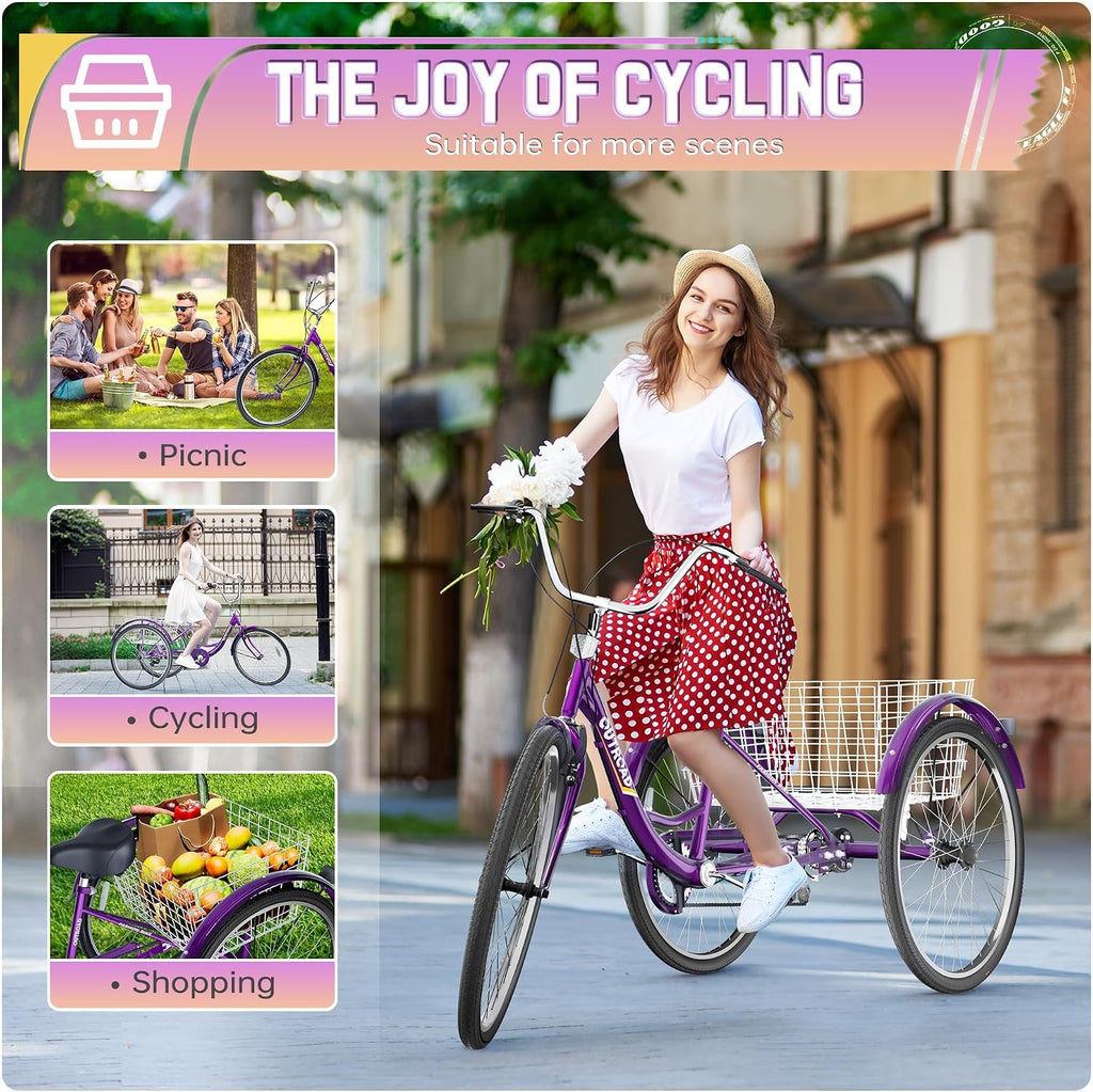 Single Speed Adult Tricycle, 3 Wheel Bikes with Large Basket, Cruiser Bike for Women/Men/Seniors, Adult Trike for Outdoor/Shopping/Recreation/Picnic(26Inch Purple)