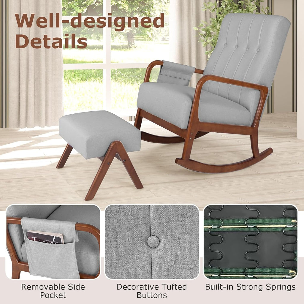 GOFLAME Nursery Rocking Chair with Ottoman, Upholstered Glider Rocker with Tufted High Backrest and Side Pocket, Modern Accent Chair with Footrest, Comfy Armchair for Living Room, Bedroom, Grey
