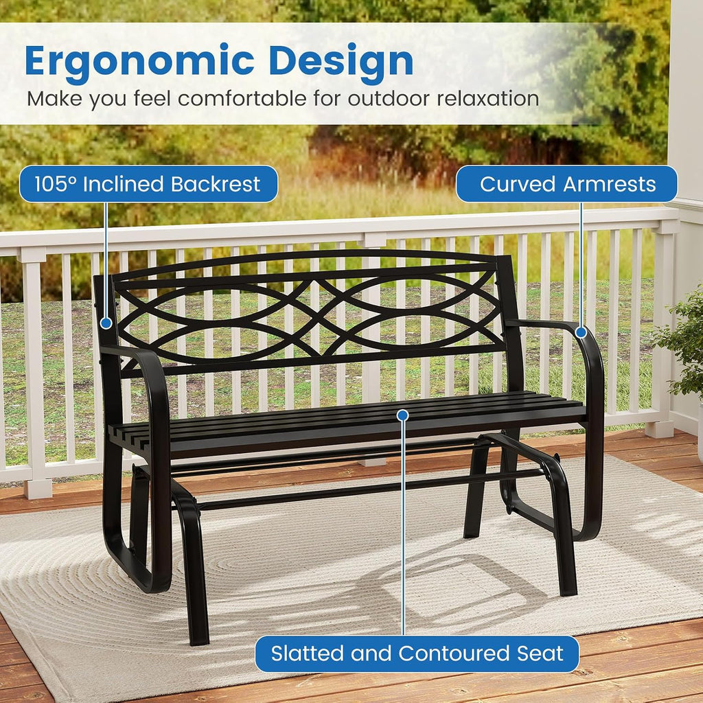 Tangkula 2-Person Outdoor Glider Bench, Patio Rocking Loveseat Chair with Metal Frame, Armrests, Geometric Backrest and Slatted Seat for Porch, Garden, Deck and Backyard