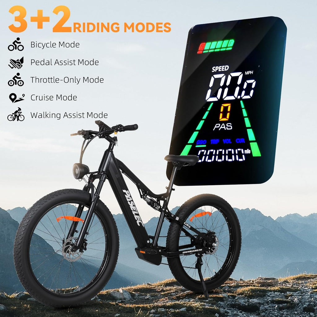 PASELEC Electric Bike for Adults, 1300W Peak Motor E-bike, 27.5'x3.0' Fat Tire Electric Mountain Bike With Full Suspension, 15.6Ah Removable Battery Adult Electric Bicycle, 70 Miles Max Range, 8-Speed