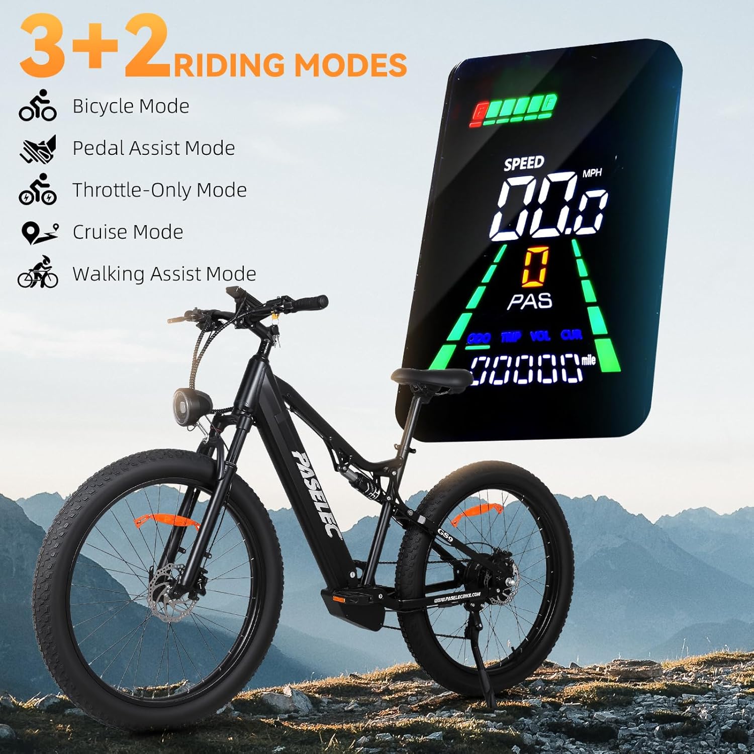 PASELEC Electric Bike for Adults, 1300W Peak Motor E-bike, 27.5'x3.0' Fat Tire Electric Mountain Bike With Full Suspension, 15.6Ah Removable Battery Adult Electric Bicycle, 70 Miles Max Range, 8-Speed
