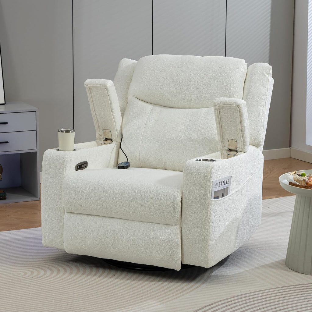 Power Oversized Swivel Rocker Recliner with Dual Motor Adjustable Headrest for Adults, Glider Rocking Chair with Heat Massage, LED Light, USB C Charging, Armrest Storage, Cup Holder