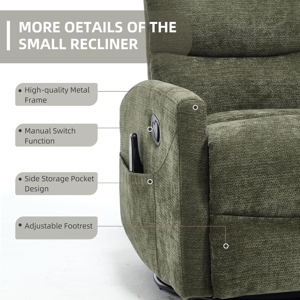 PELUMY 360° Swivel Rocker Recliner with Heat & Vibration Massage, Glider Rocking Chair for Adults, Compact Recliner for Living Room, Small Spaces, Nursery, Bedroom (Chenille, Green)