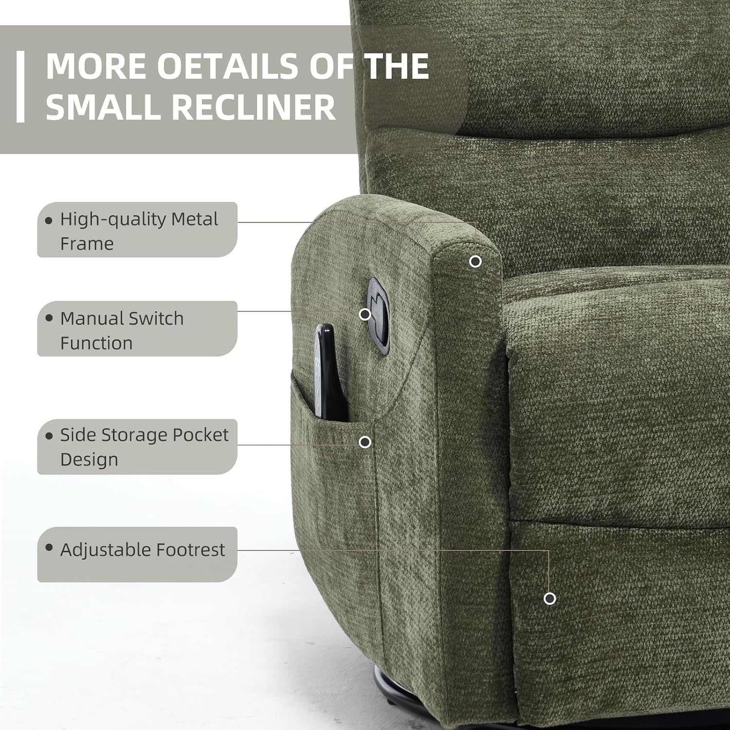 PELUMY 360° Swivel Rocker Recliner with Heat & Vibration Massage, Glider Rocking Chair for Adults, Compact Recliner for Living Room, Small Spaces, Nursery, Bedroom (Chenille, Green)
