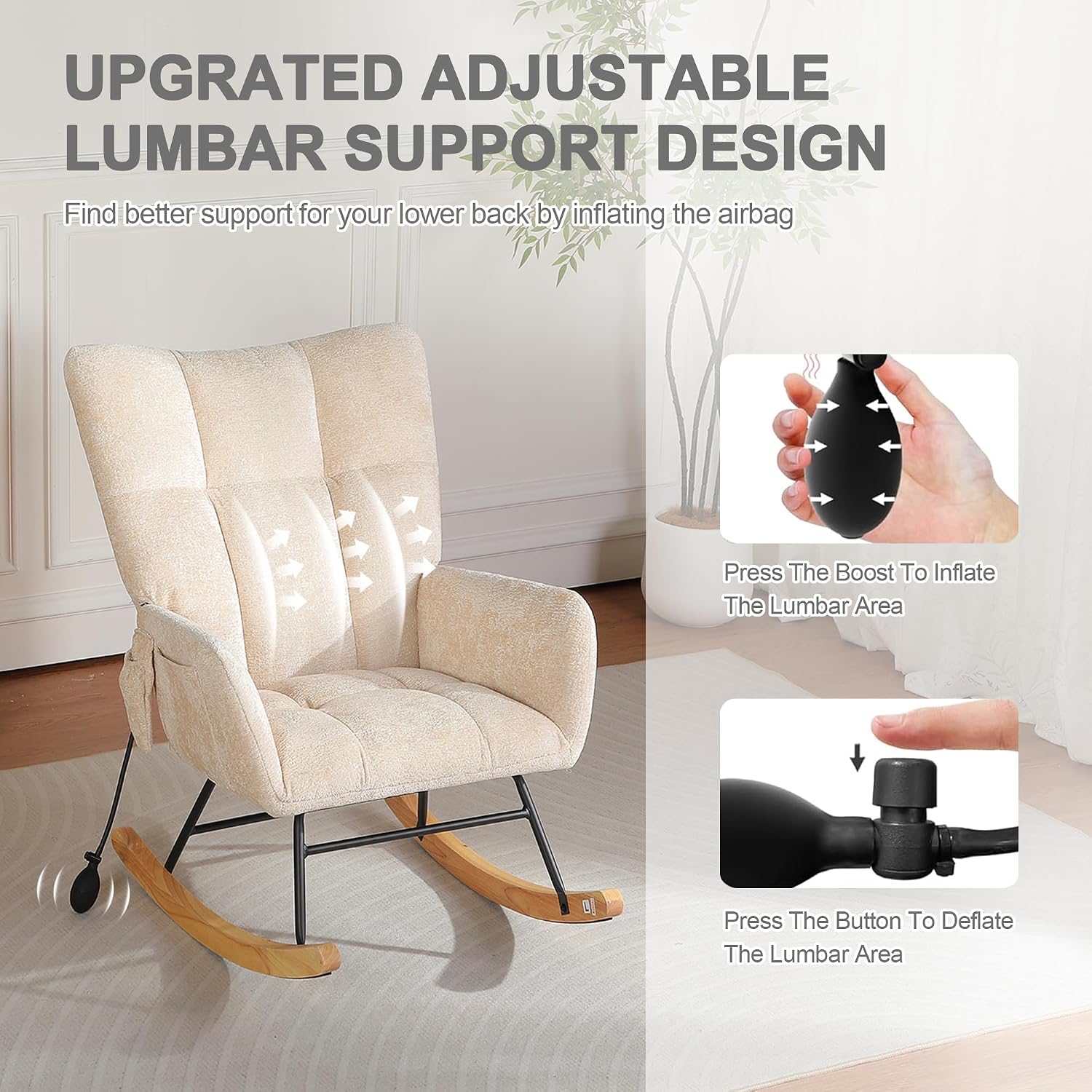 Rocking Chair Nursery with Airbag, Nursery Rocking Reading Chair Indoor, Cozy Upholstered Glider Rocker Chairs for Living Room Bedroom Offices, Sillas Mecedoras(Chenille, Beige)