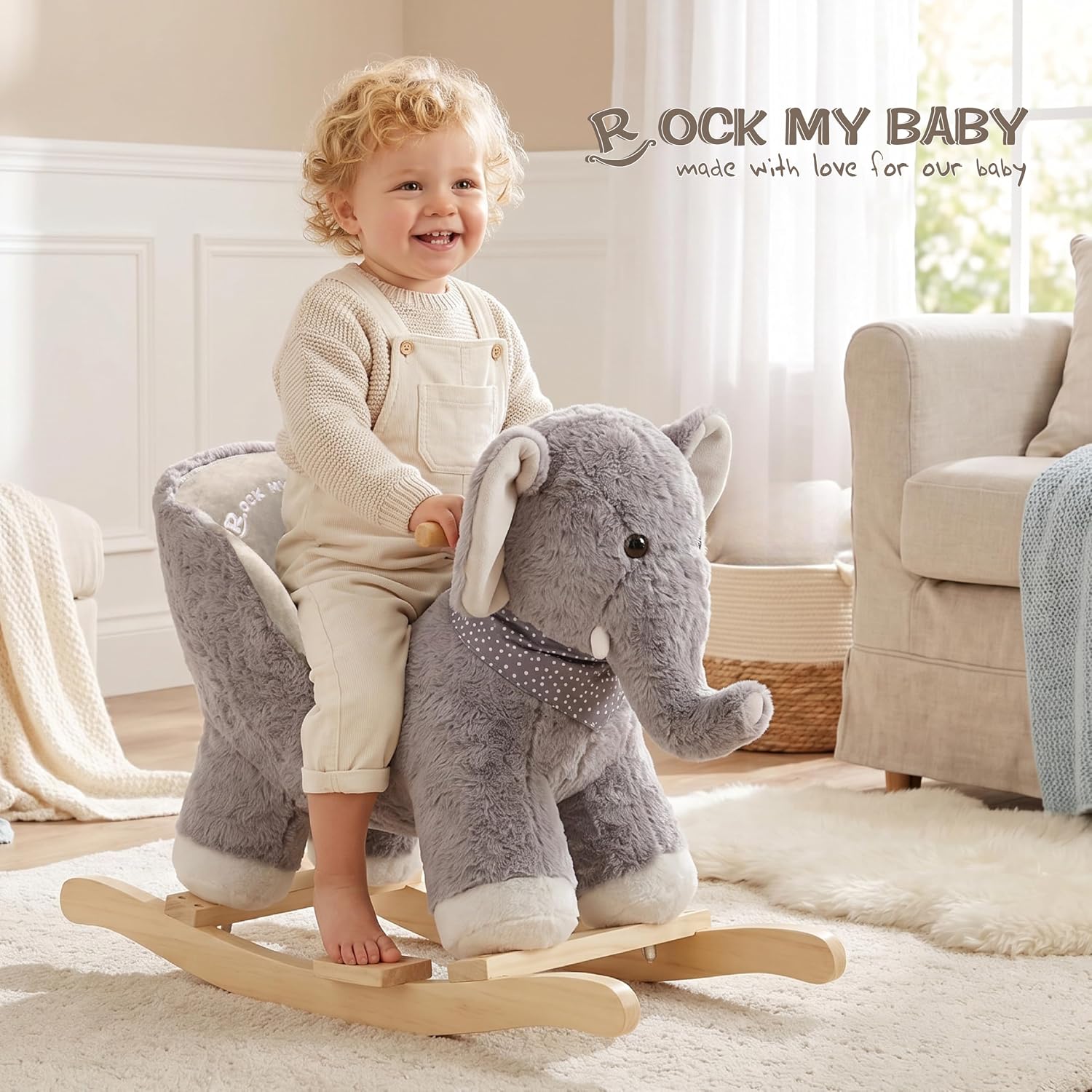 Baby Rocking Elephant, Plush Toddler Rocker with Music & Safety Seat, Sturdy Wooden Ride-On Toy for 1-3 Years, Soft Animal Rocking Horse, CPC Certified (Gray Elephant)